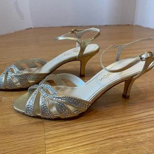 Caparros Logo Rhinestone Gold Sandal Heels